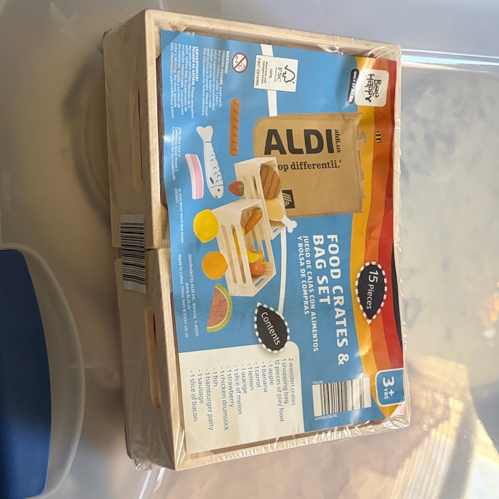 Wooden Grocery Crate Toy Set - Natural Wood with Blue Packaging